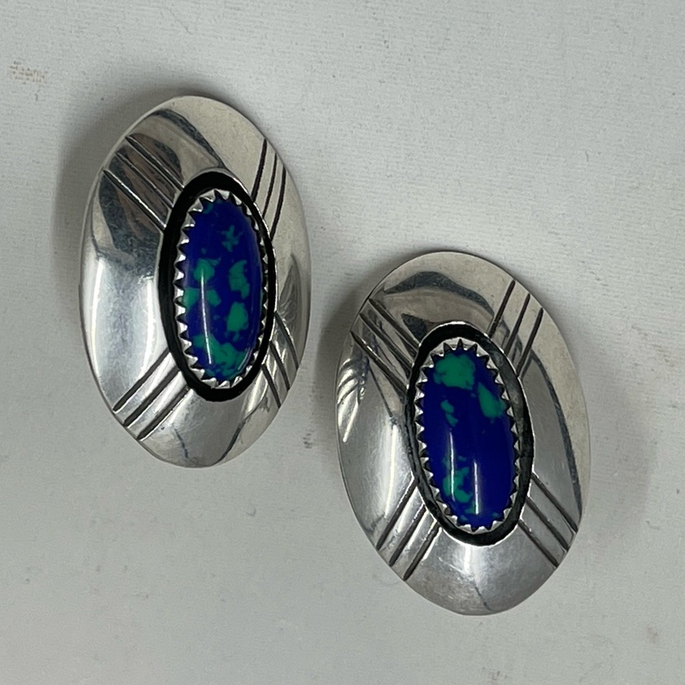 Navajo Sterling Silver Azurite Earrings Native American 925 Stud Oval Signed SR
